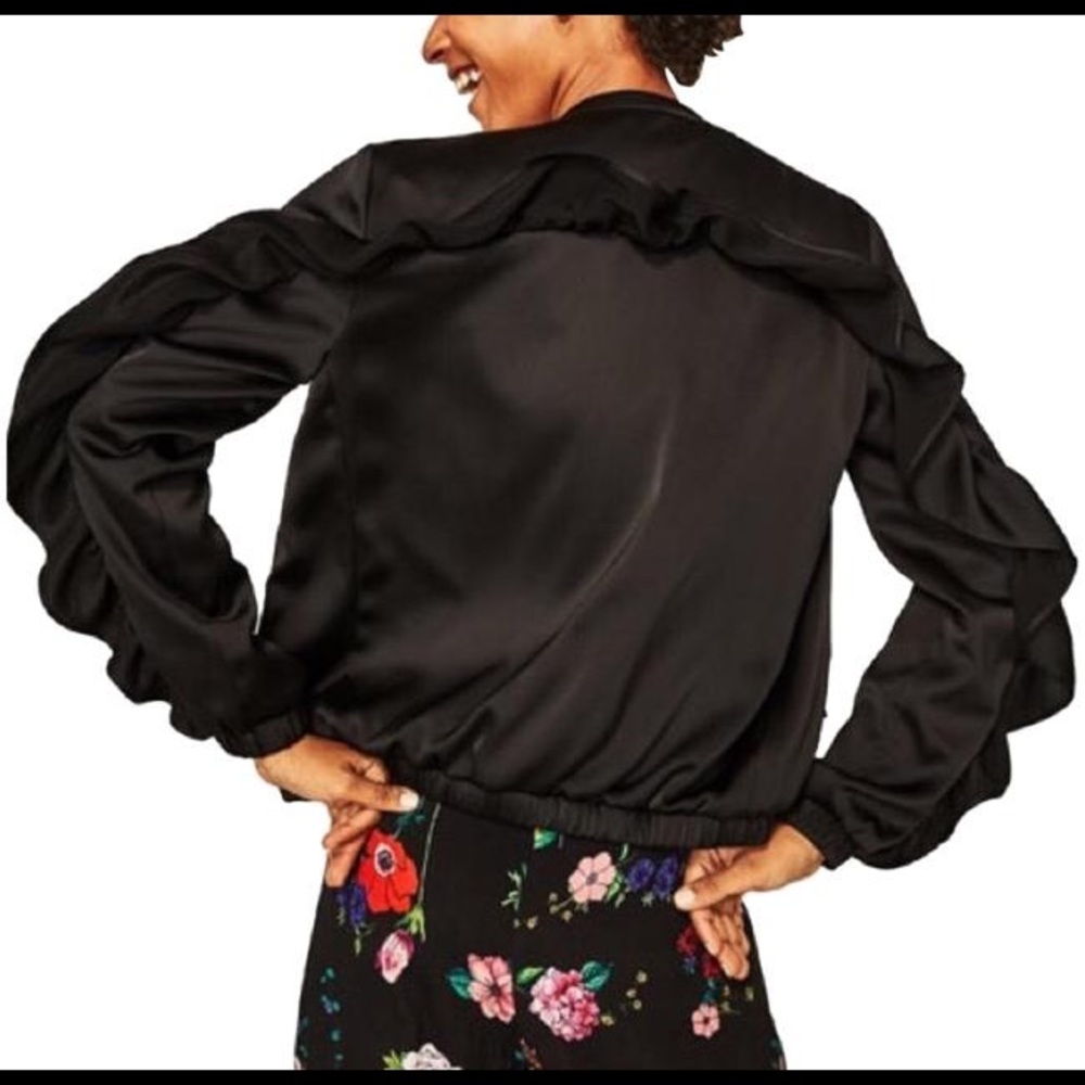 Zara TRF Outerwear Black Satin Ruffle Oversized Bomber Jacket